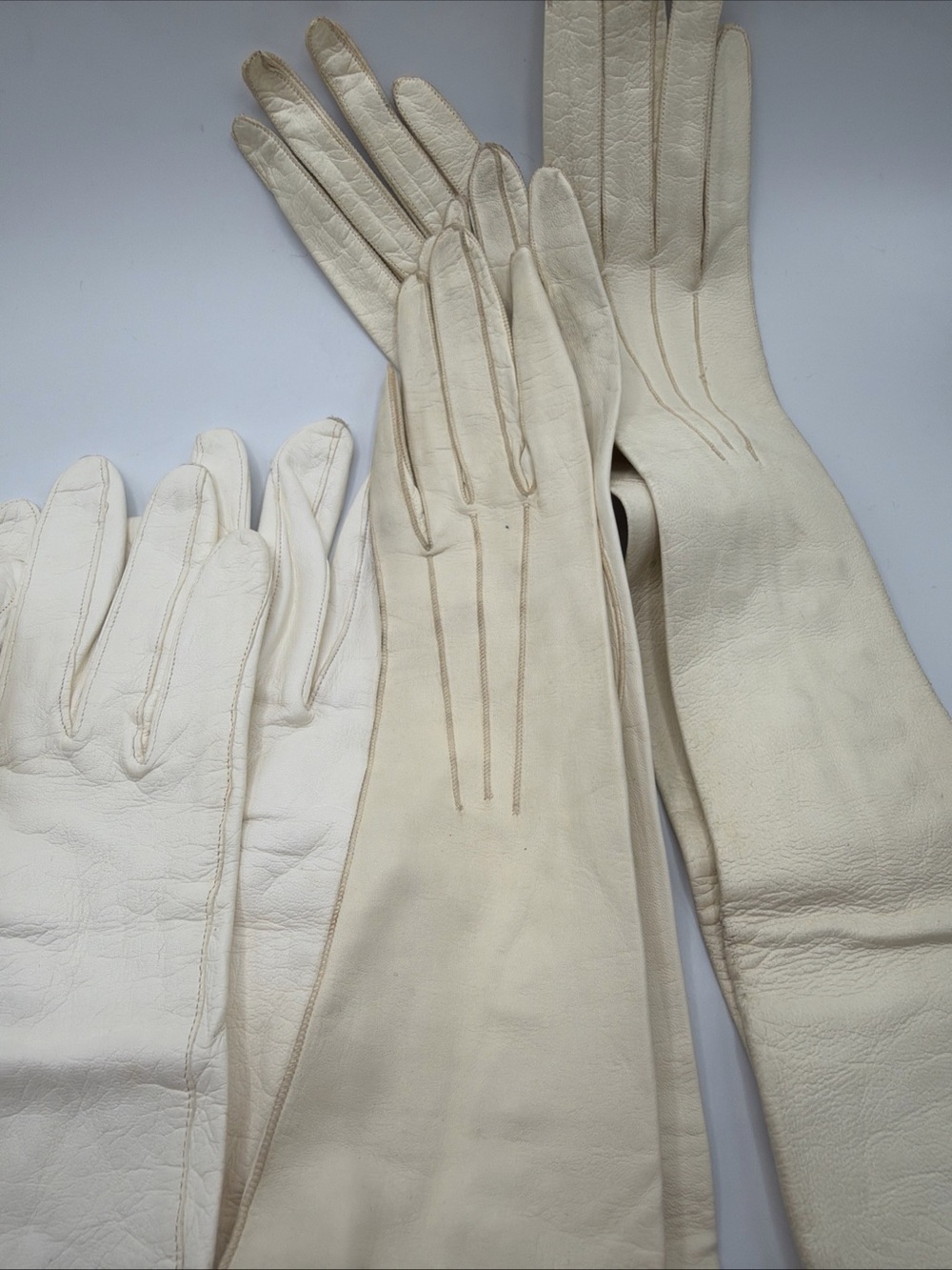 Vintage White, Ivory Leather Gloves Mixed Lengths, Sizes Lot Of 5 Pairs